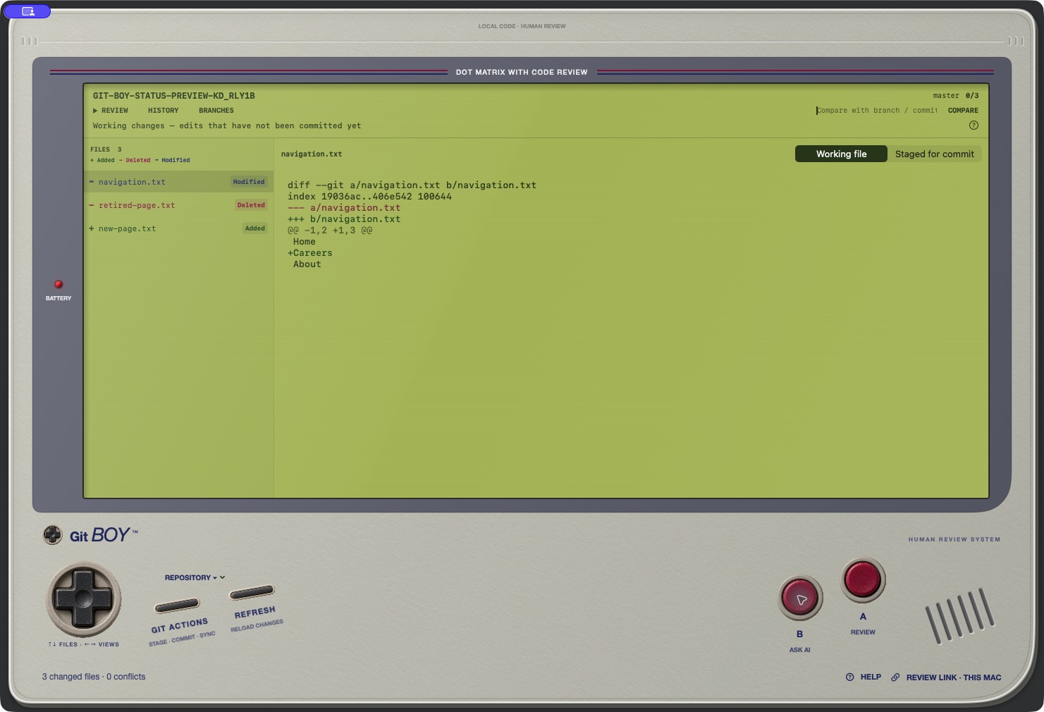 Git Boy's gray console shell and green code display, showing blue modified, pink deleted, and green added files